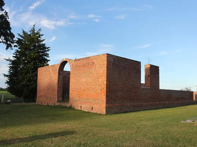 The exterior of a plain colonial-era brick church building.