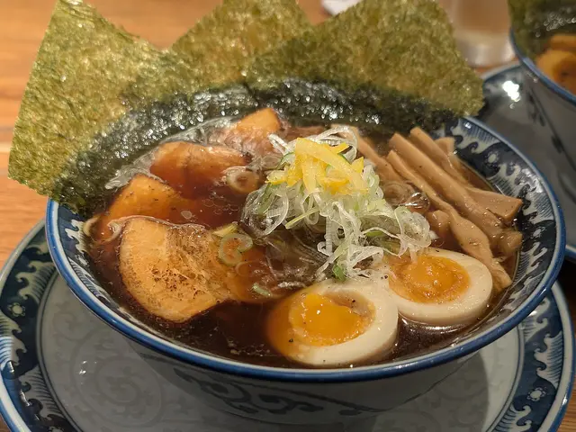A bowl of ramen noodle soup served in Osaka, Japan.