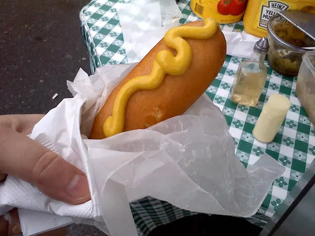 A classic corn dog topped with mustard.