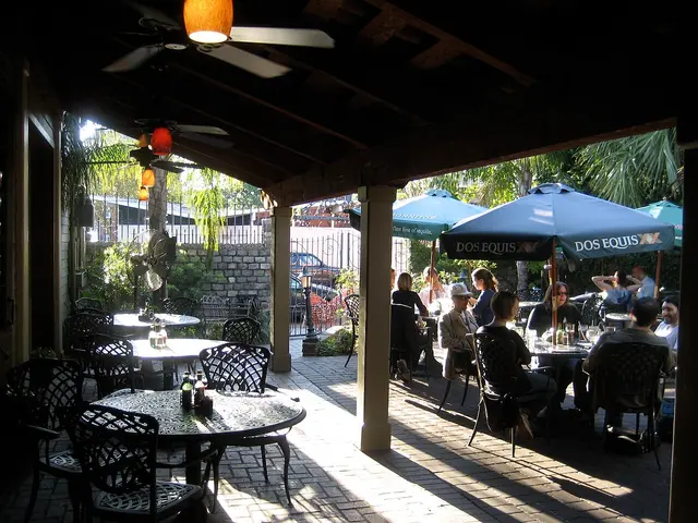 Outdoor patio seating area at a restaurant in New Orleans.