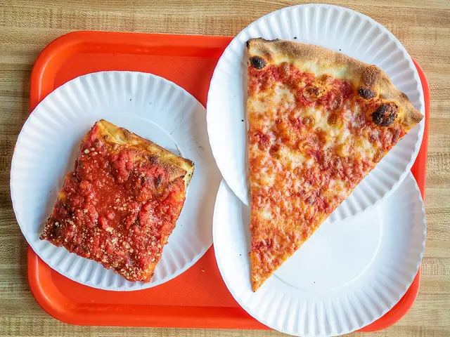 Two pizza slices, one topped and one plain, served at a pizza slice shop.