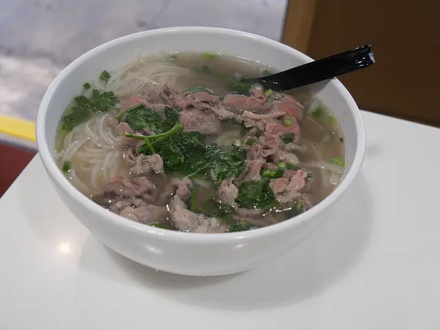 A large bowl of Vietnamese beef pho noodle soup.