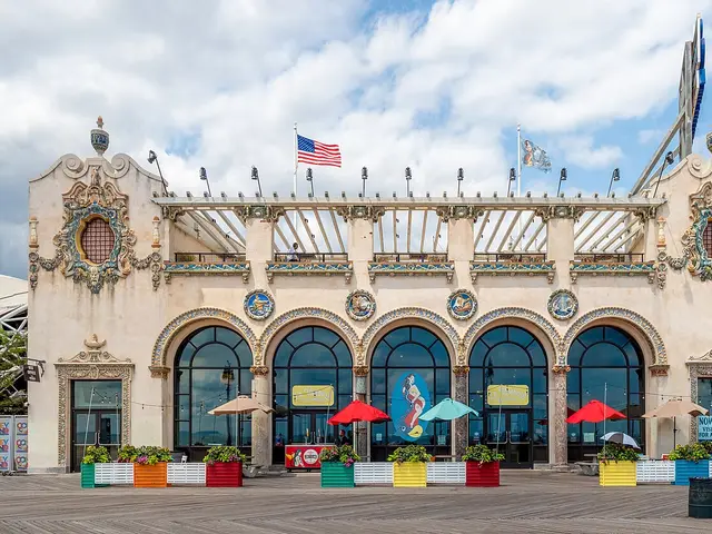 Exterior of the historic Childs' Restaurant building on the Riegelmann Boardwalk in Coney Island, New York.