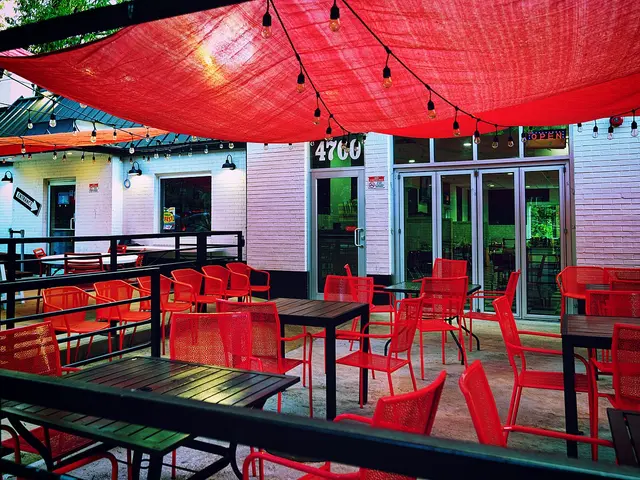 Outdoor sidewalk patio seating in front of a restaurant.