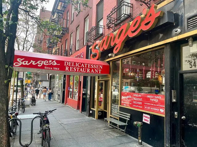 Exterior of Sarge's Delicatessen on Third Avenue in Manhattan, New York.