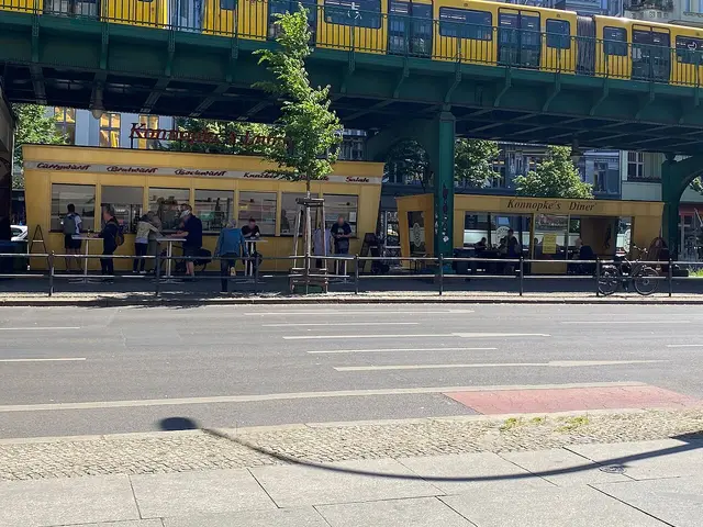 Exterior of an independent street food stand under a railway viaduct.