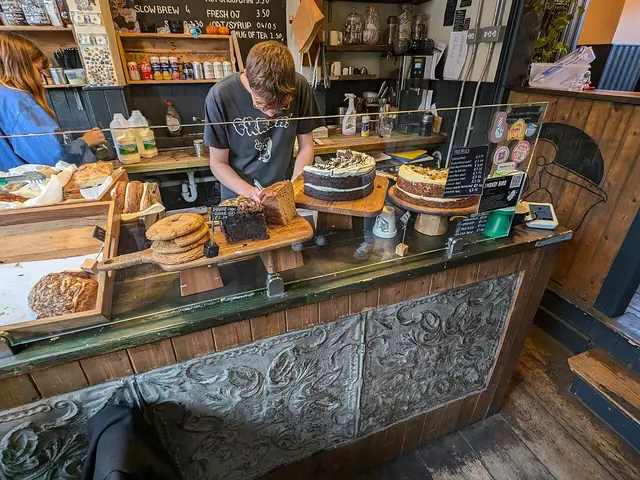 Counter of a coffee shop on Sydney Street in Brighton, England.
