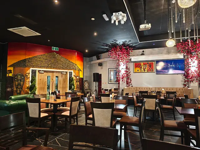 The storefront of an African restaurant in Manchester, United Kingdom.