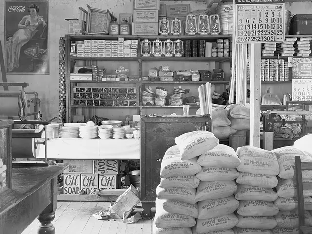 Interior of a general store in Moundville, Alabama, with packaged and loose goods stacked on shelves and the floor.