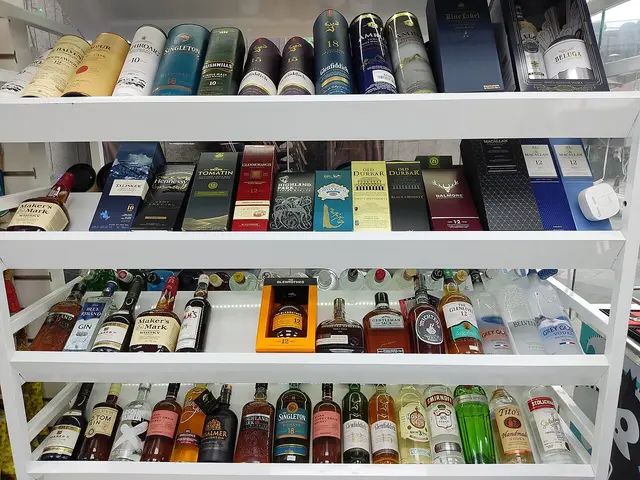 Packaged Indian grocery products arranged on shelving inside Bhavika grocery store in Tung Chung, Hong Kong.