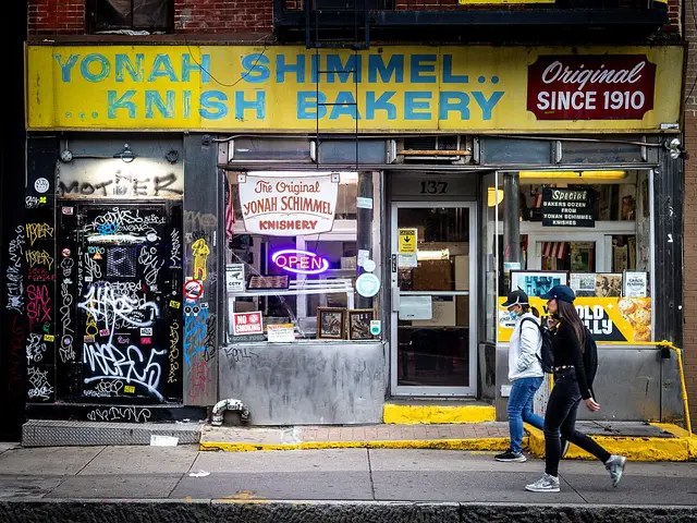 The storefront of a knish bakery in New York City.