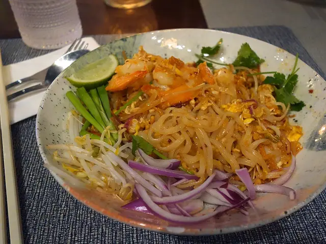 A plate of pad Thai served at a Thai restaurant in New Orleans.