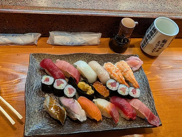 An assorted sushi platter with nigiri and rolls served in Nikko, Japan.