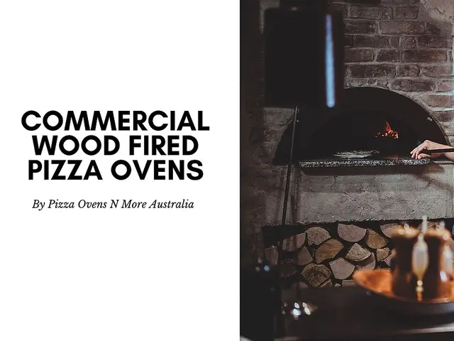 Commercial wood-fired pizza ovens being used to prepare pizzas.