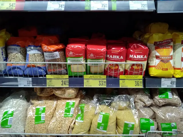 A grocery store shelf stocked with packaged products.