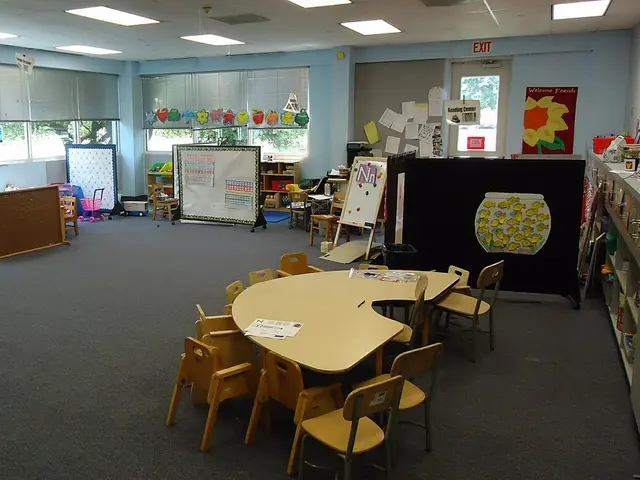 An empty preschool classroom at Summit Speech School, with small tables, chairs and learning displays.