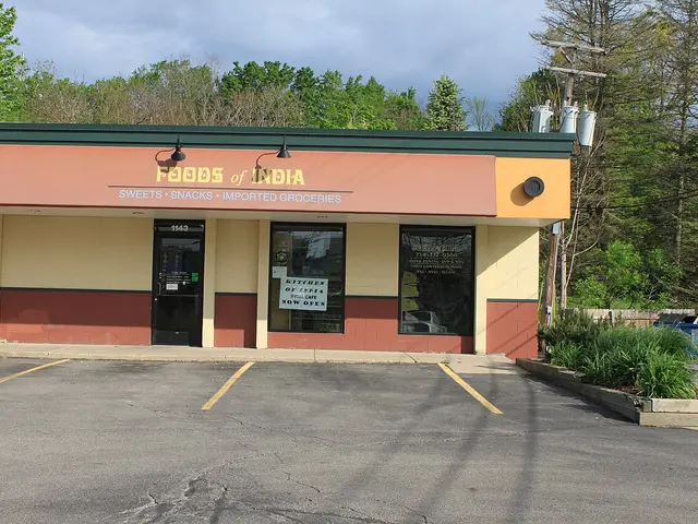 Exterior of Foods of India, an Indian grocery store on Broadway Street in Ann Arbor, Michigan.