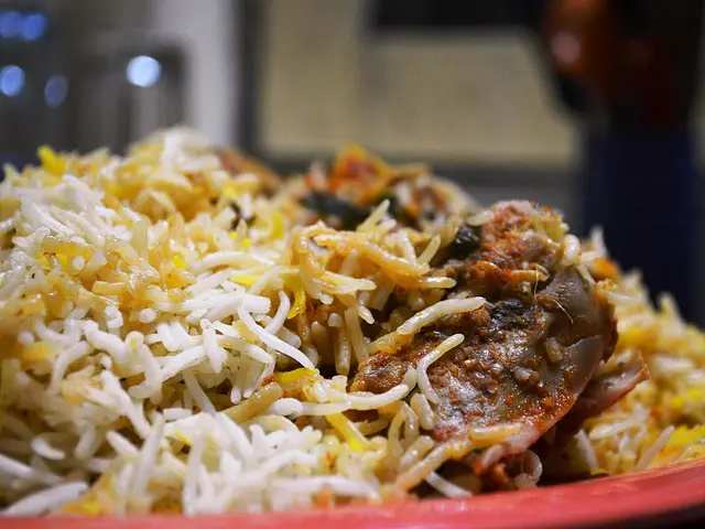 Chicken biryani, a spiced rice and marinated chicken dish from Hyderabad, India.
