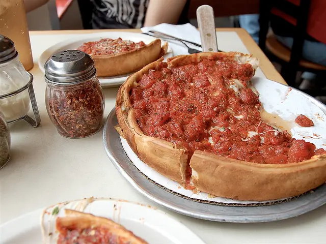 A Chicago-style deep-dish pizza served at a restaurant in Oakland, California.